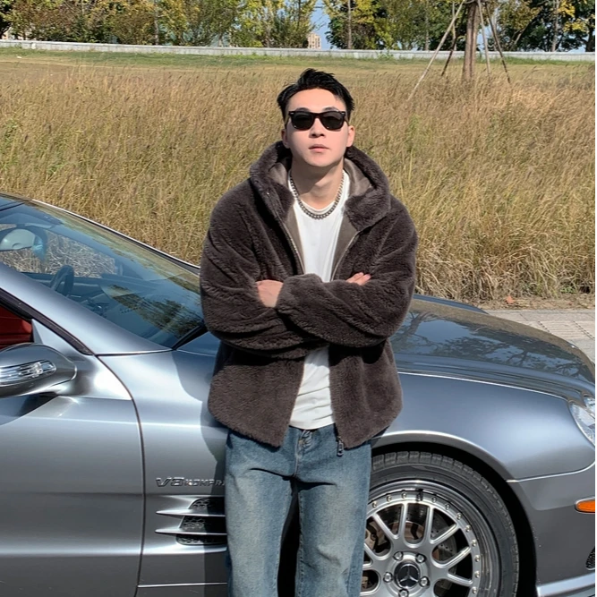 双面穿日系港风澳洲绵羊毛颗粒男外套带帽夹克大衣秋冬100%真羊毛