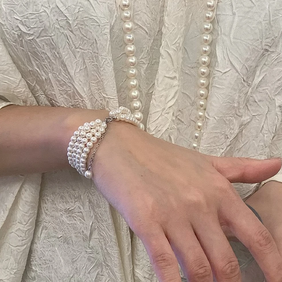 琢啦啦 钛钢仿珍珠手链 4mm多层缠绕气质宫廷设计感时尚手工法式