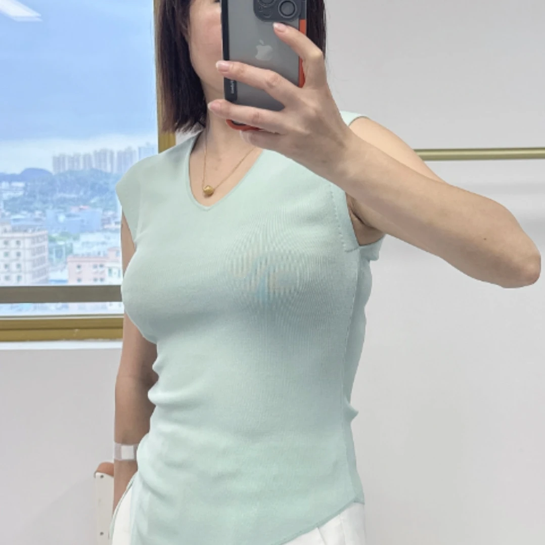 源头厂家直销女2025夏季新款V领抽绳针织衫，气质百搭冰丝上衣