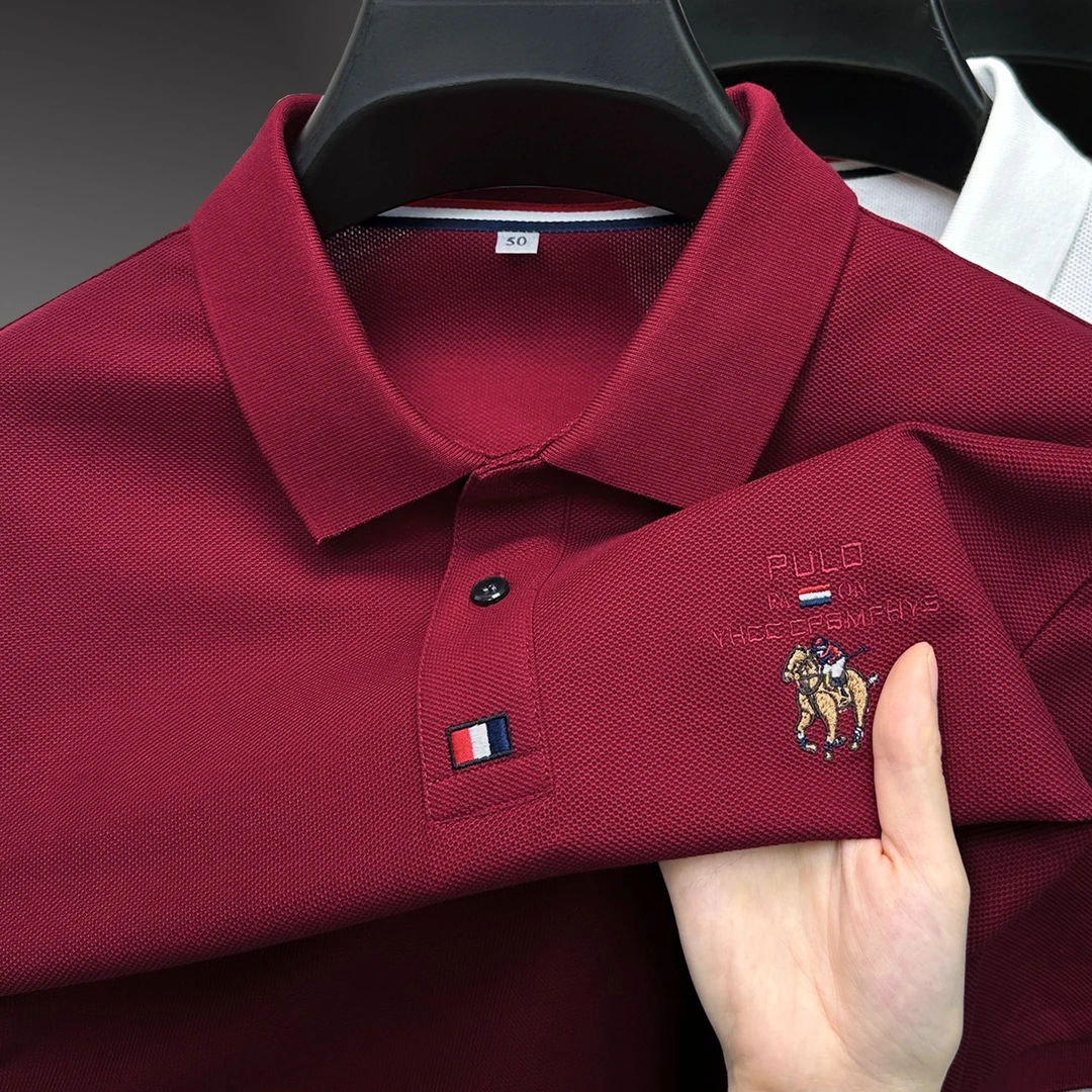 John Bunni高端刺绣短袖T恤男士夏季新款本命年枣红色休闲POLO衫