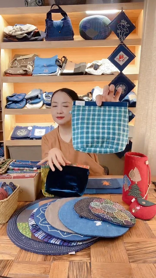 棉格纹化妆包老粗布