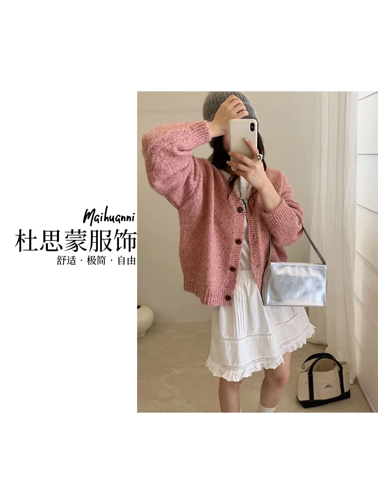 (杜思蒙服饰) 25437-【宝藏衣橱】韩系软糯百搭V领针织开衫毛衣外套