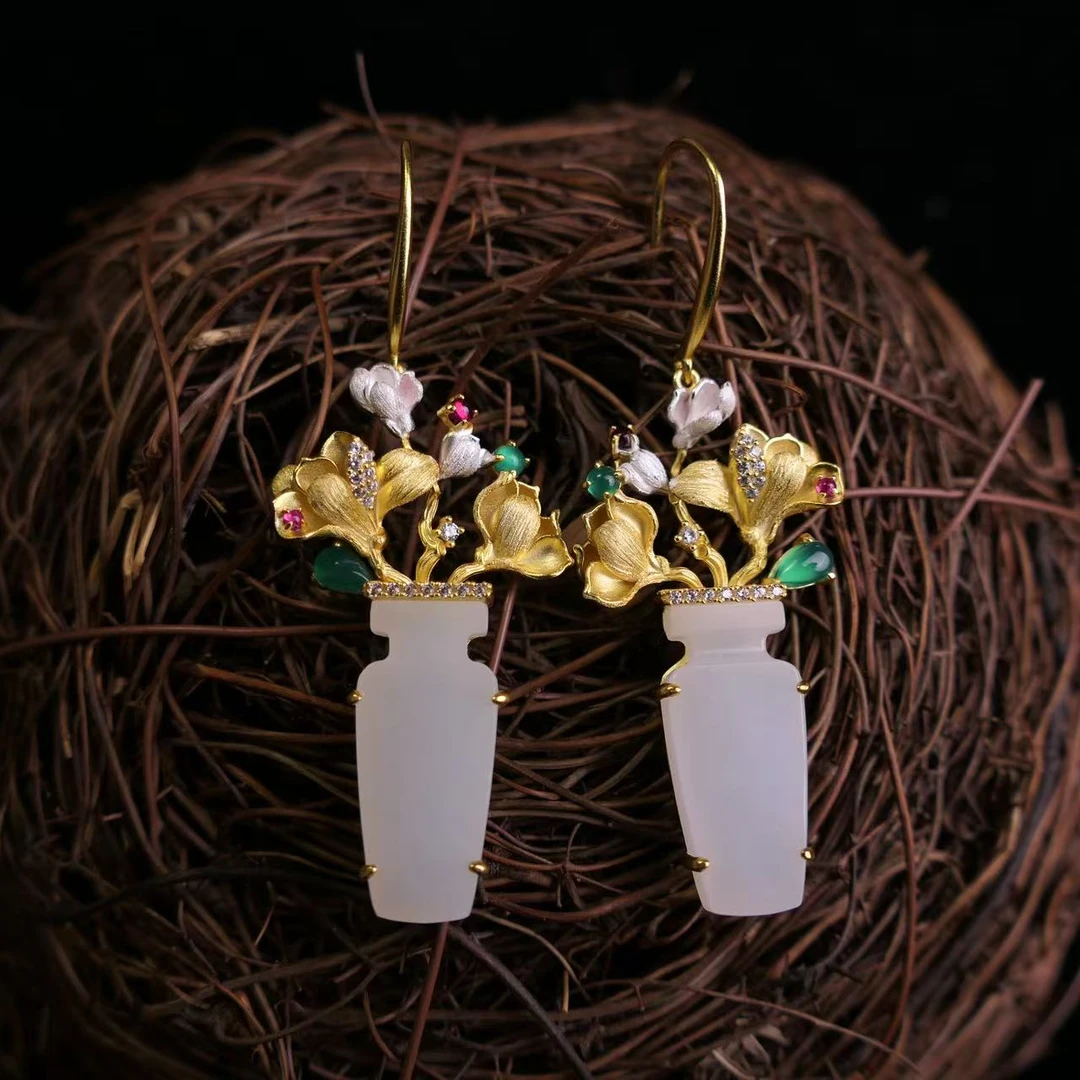 【平安】| （B28）手工花丝款银鎏金和田玉花瓶耳坠