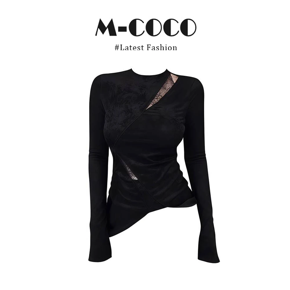 【同款性价比】黑色拼接不规则T恤女秋冬圆领套头显瘦气质上衣女