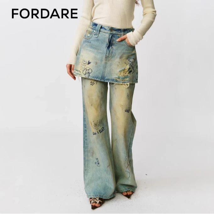 【LOCAT】fordare  趣味圆珠笔涂鸦牛仔裙裤  2530N23361