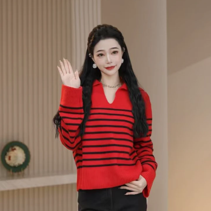 AMASS/阿玛施秋冬复古时尚休闲百搭新款V领条纹针织衫女5399750