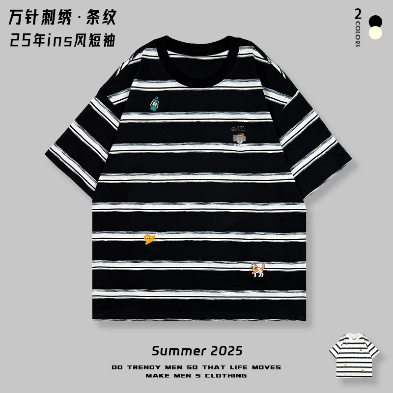 夏季新品条纹刺绣时尚圆领短袖潮流条纹休闲宽松高级圆领短袖小众