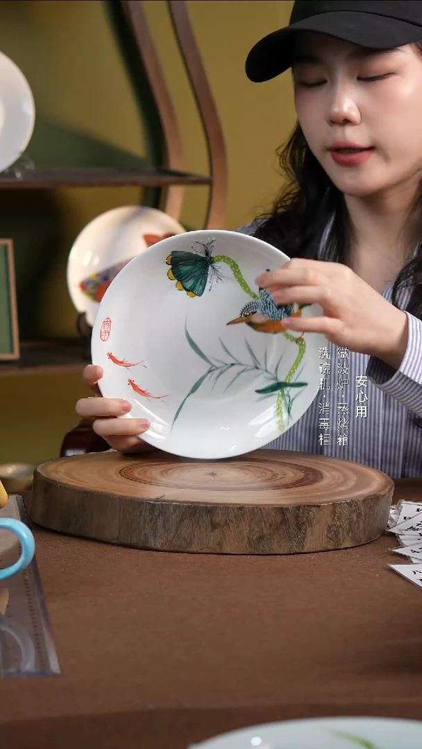 瓷景德镇高温手绘釉下彩8英寸官窑窝盘莲蓬飞鸟