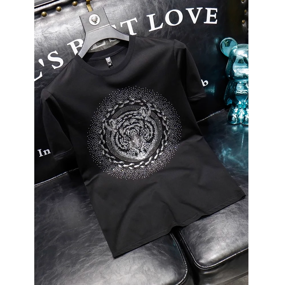 烫钻短袖t恤衫男士夏季潮牌丝光棉半袖体恤男上衣圆领百搭潮流T恤