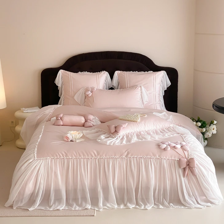 法式少女心100S长绒棉纯棉四件套立体花朵被套床单公主风床品秋冬