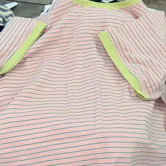 【NO退NO换】韩国东大门2025春夏款蓝色绿色粉色拼色条纹短袖T