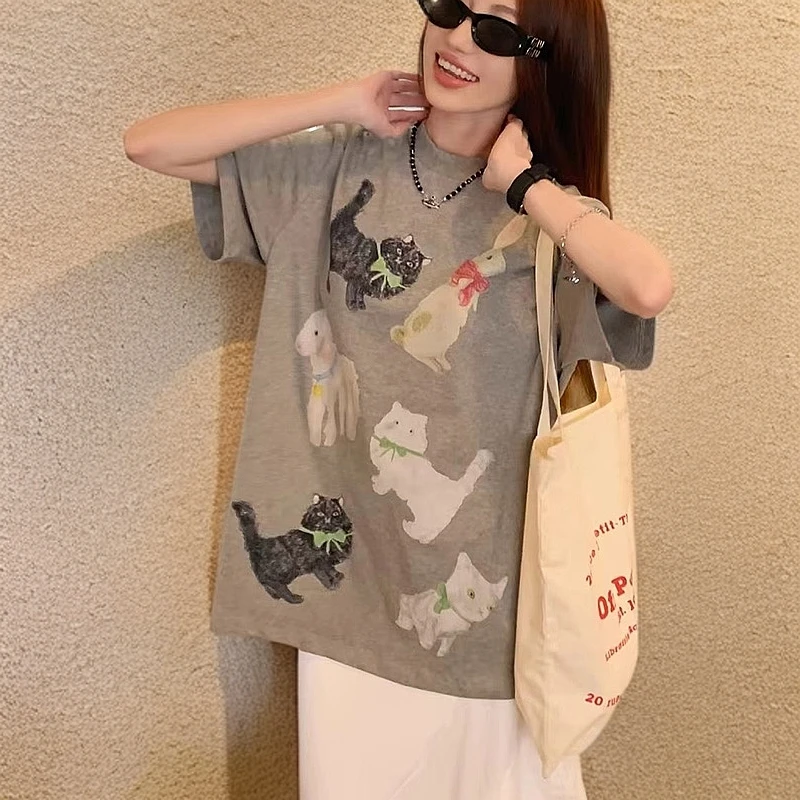 韩系卡通猫咪短袖T恤女2024夏季新款爆款时尚潮流透气舒适上衣ins