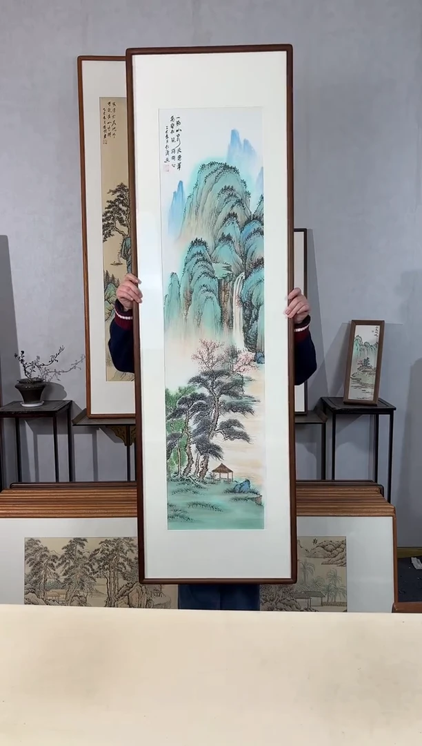 国画手绘*一脉山泉流德泽*52*172cm实木框