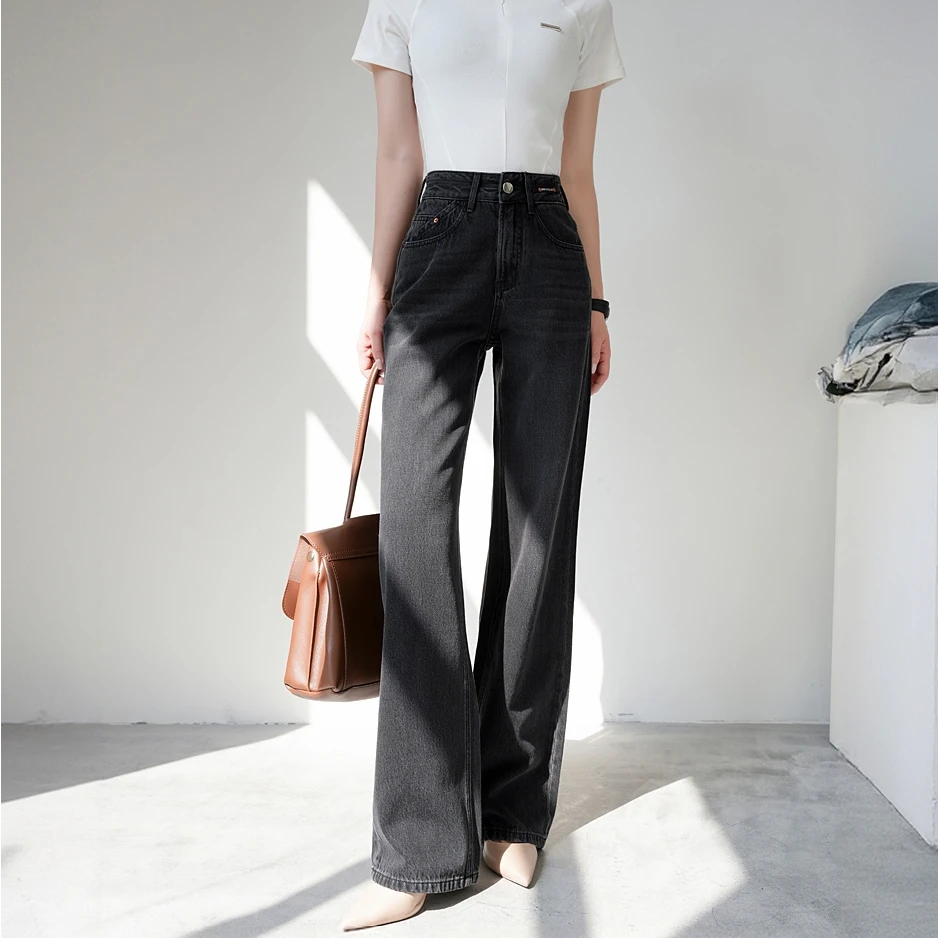 黑灰色阔腿牛仔裤女宽松窄版阔腿裤显瘦高腰裤子加绒春秋冬新款