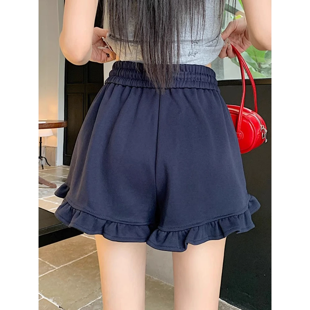 运动休闲花边短裤女夏季高腰显瘦百搭外穿宽松阔腿遮肉a字热裤