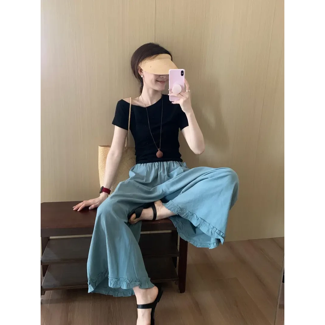 B439+B440新款韩系慵懒风斜肩短袖上衣搭配花边阔腿裤两件套女