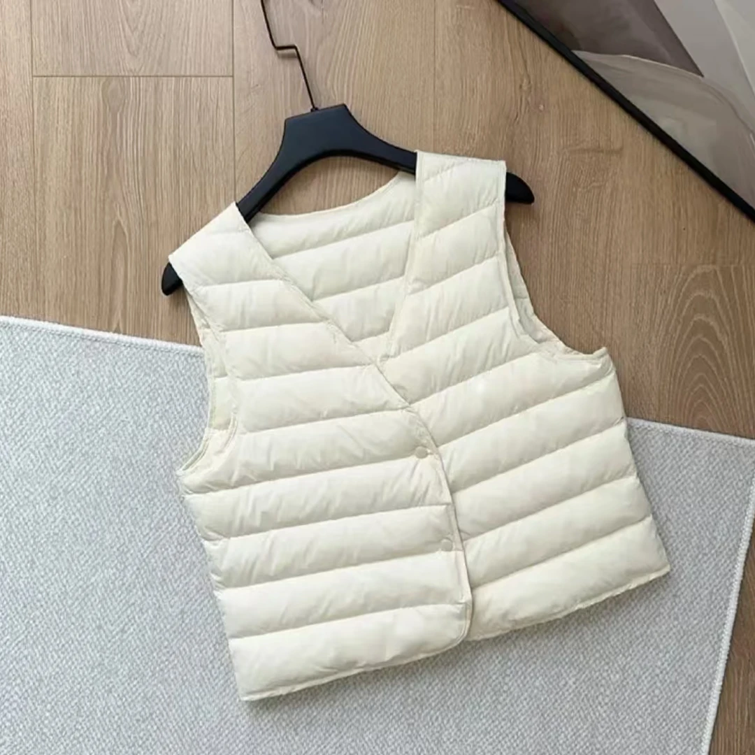 纯色百搭女无袖短款休闲V领羽绒马甲保暖秋冬90白鸭绒1-03