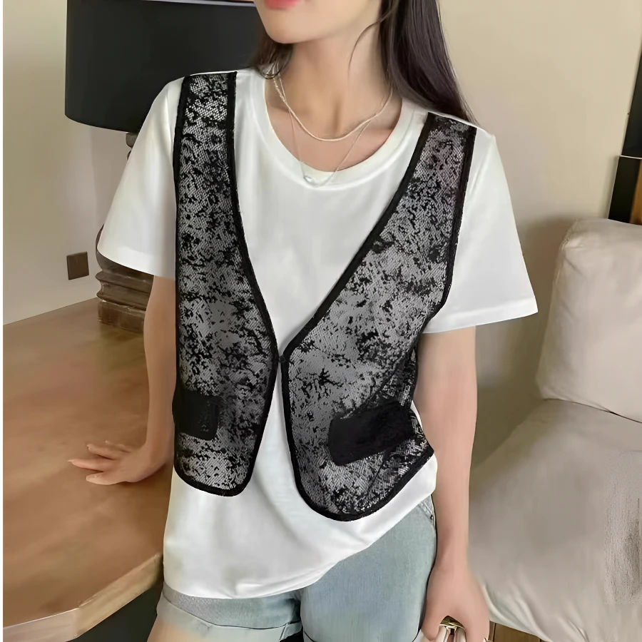 【玲子现货】909 假两件时尚南韩上衣女显瘦短袖女人