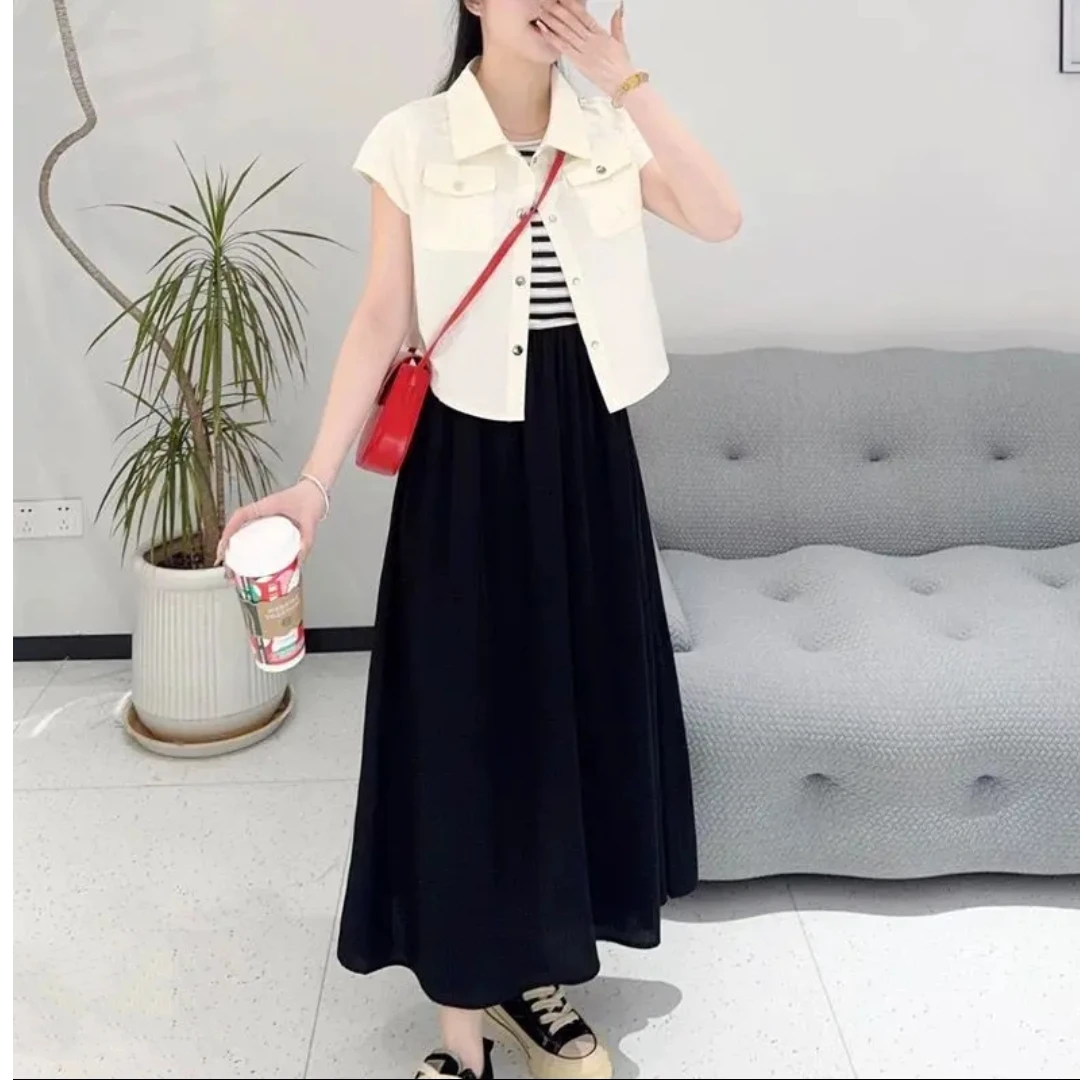 66061款夏季新款单排扣衬衣外搭条纹洋气连衣裙两件套