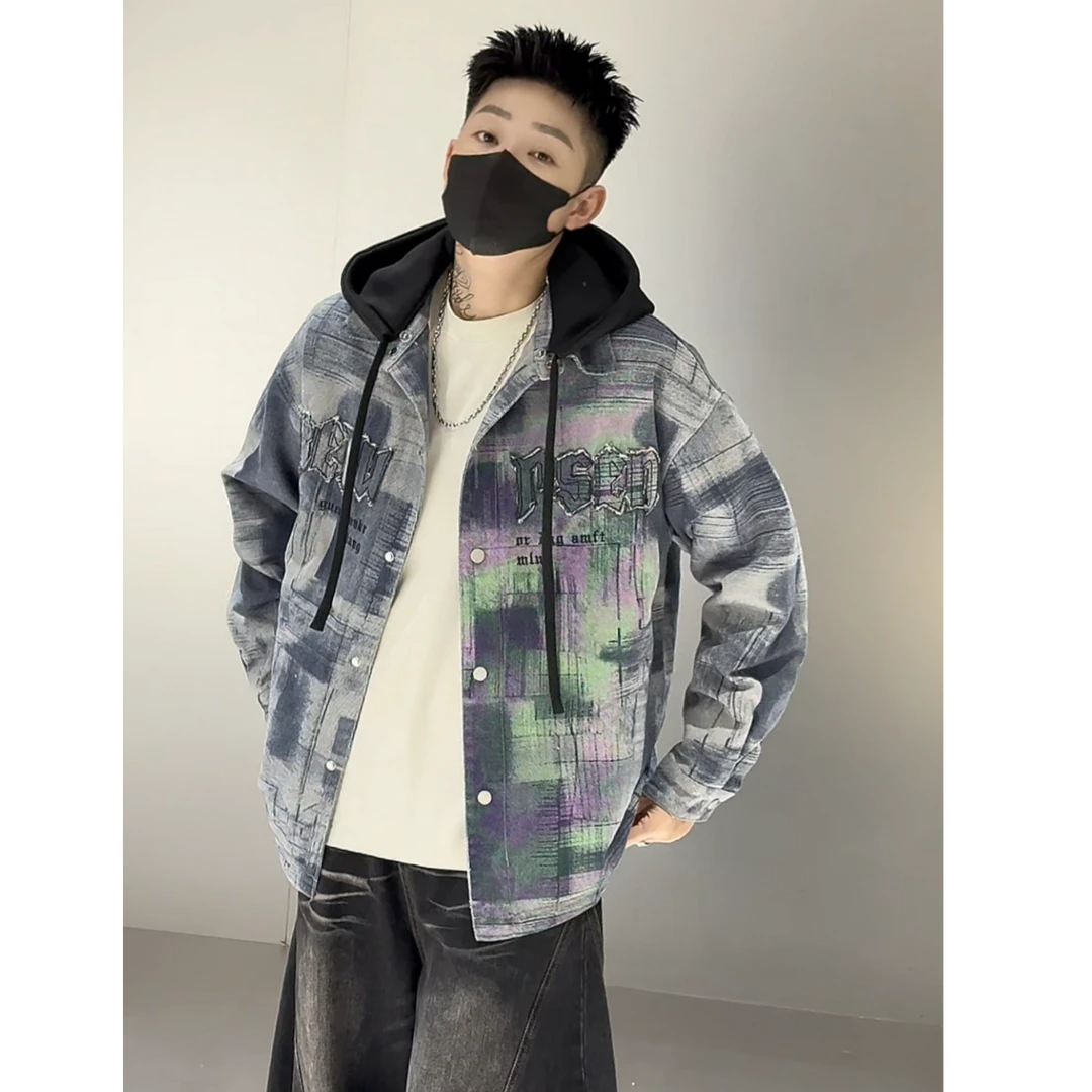 格子牛仔夹克男冬季潮牌可脱卸帽加棉外套青少年痞帅上衣XFSG5887