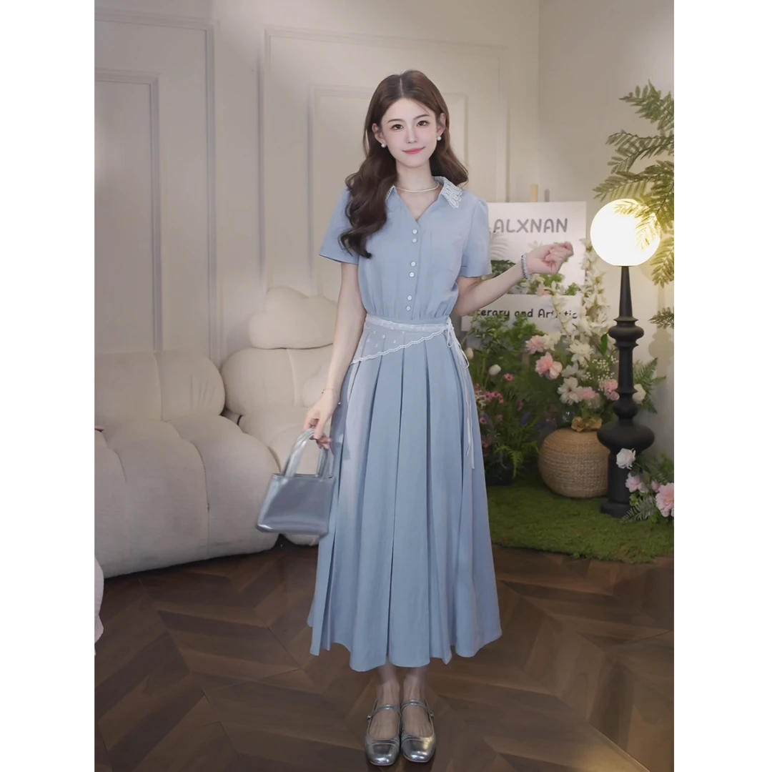 鹿向南【浅夏云领】夏季新款花边领气质小众收腰短袖连衣裙