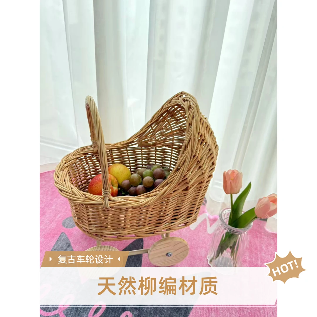 柳编小推车婴儿提篮造型宠物推车兼鲜花篮装饰品创意收纳筐收纳盒