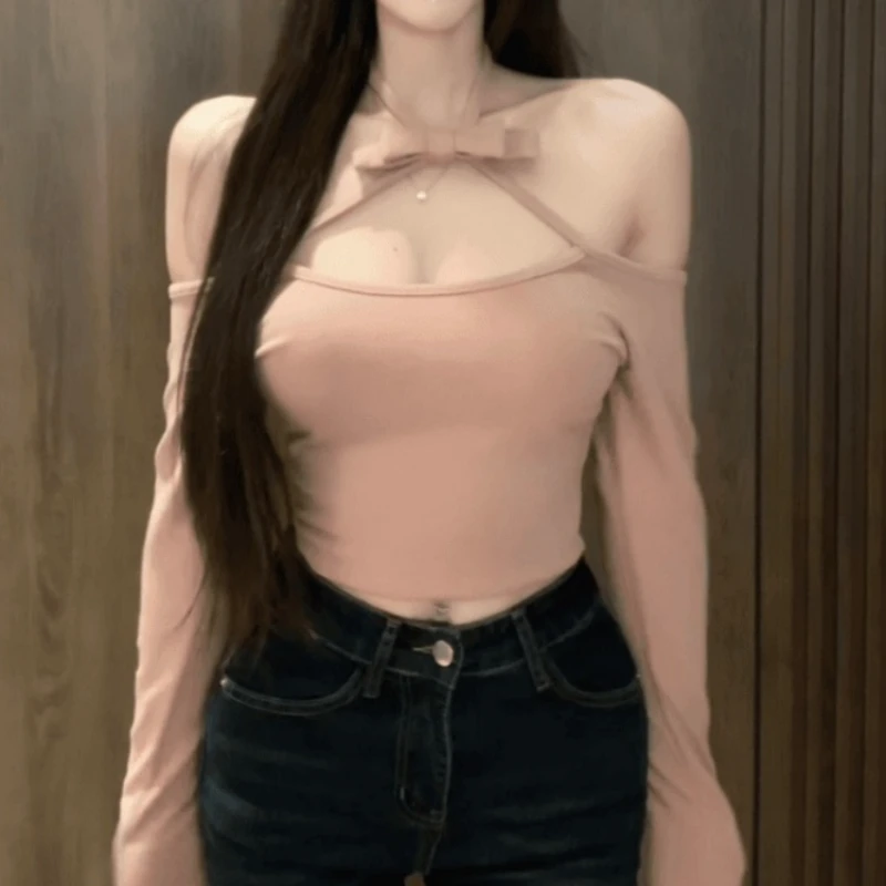 纯欲风辣妹蝴蝶结挂脖长袖T恤2026春秋新款气质甜美修身显瘦上衣