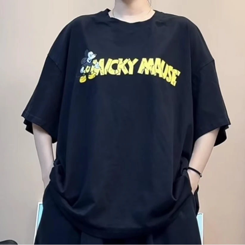 棉料米奇裂印短袖t恤女宽松