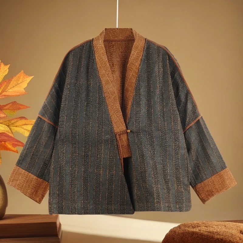YZ2025新款中国风竖条纹一粒扣设计师茶服长袖外套 24842