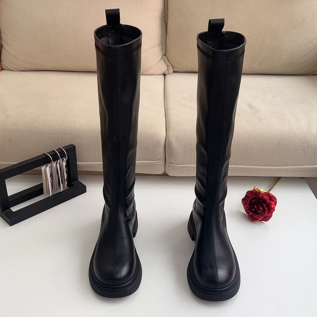 高个子美拉德系薄底长筒女平口瘦瘦显高显瘦骑士鞋子女款秋冬