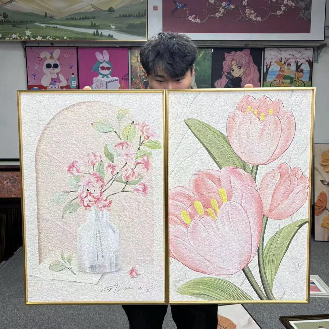 奶油风卧室床头挂画郁金香两联装饰画温馨餐厅4060