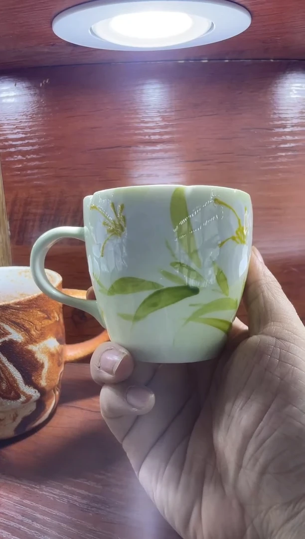 杯庄*%景德镇高温手绘釉下彩玲珑咖啡杯