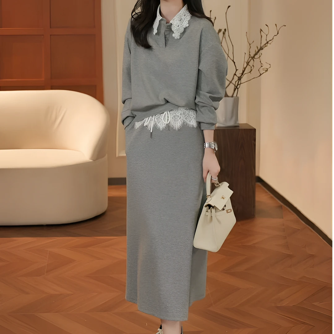 春季新款时尚休闲套装裙蕾丝拼接上衣+半身裙两件套减龄洋气女