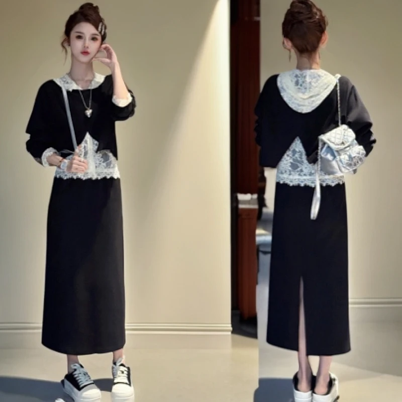 套装套装春季背心女穿搭连帽小香风慵懒三件套蕾丝蕾丝裙子新款