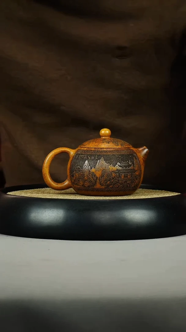 茶壶紫砂龙骨金砂 西施 刻绘山水