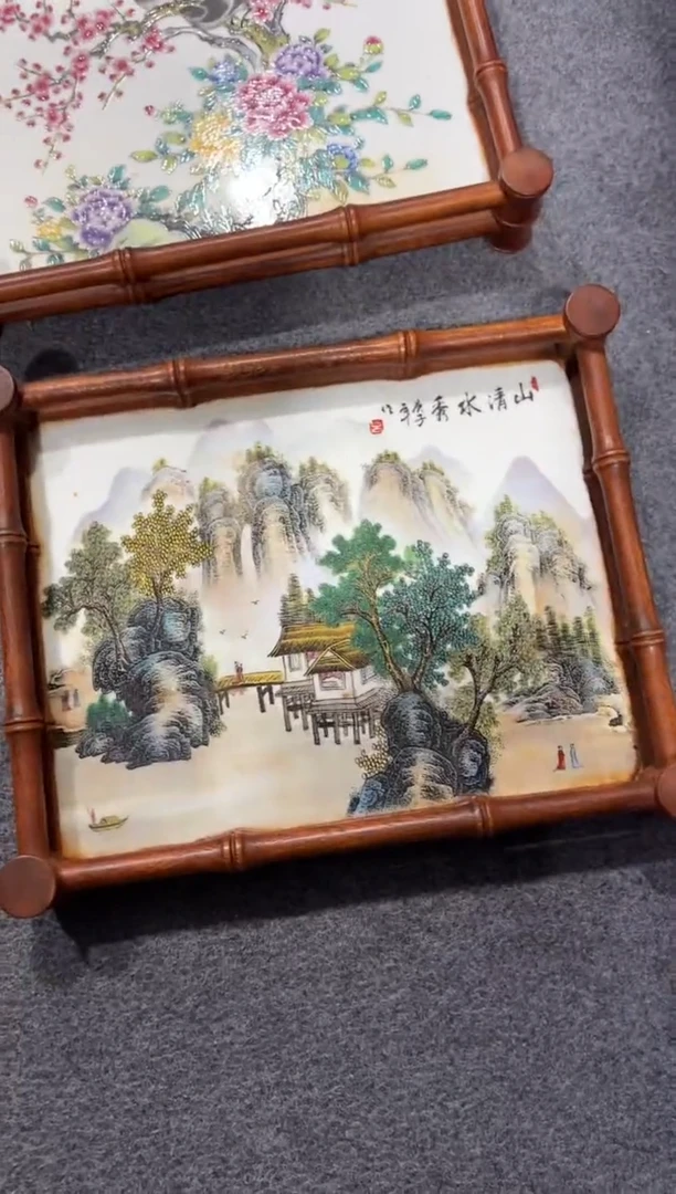 木果****）木 花梨木瓷板画茶盘山清水秀