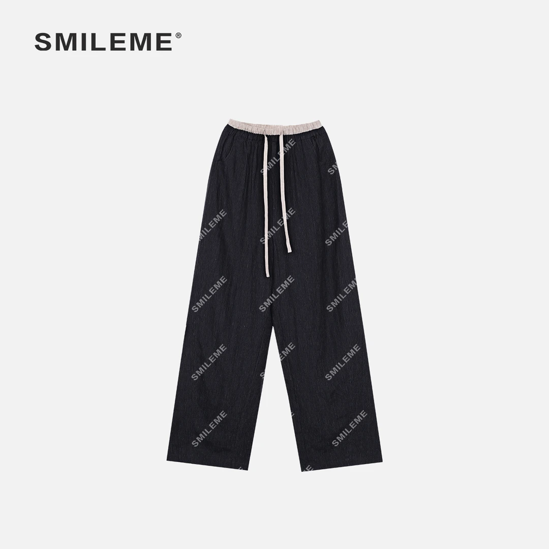 SMILEME【时光荏苒】夏季新款白色腰头抽绳‘’100%亚麻‘’皱感直筒裤