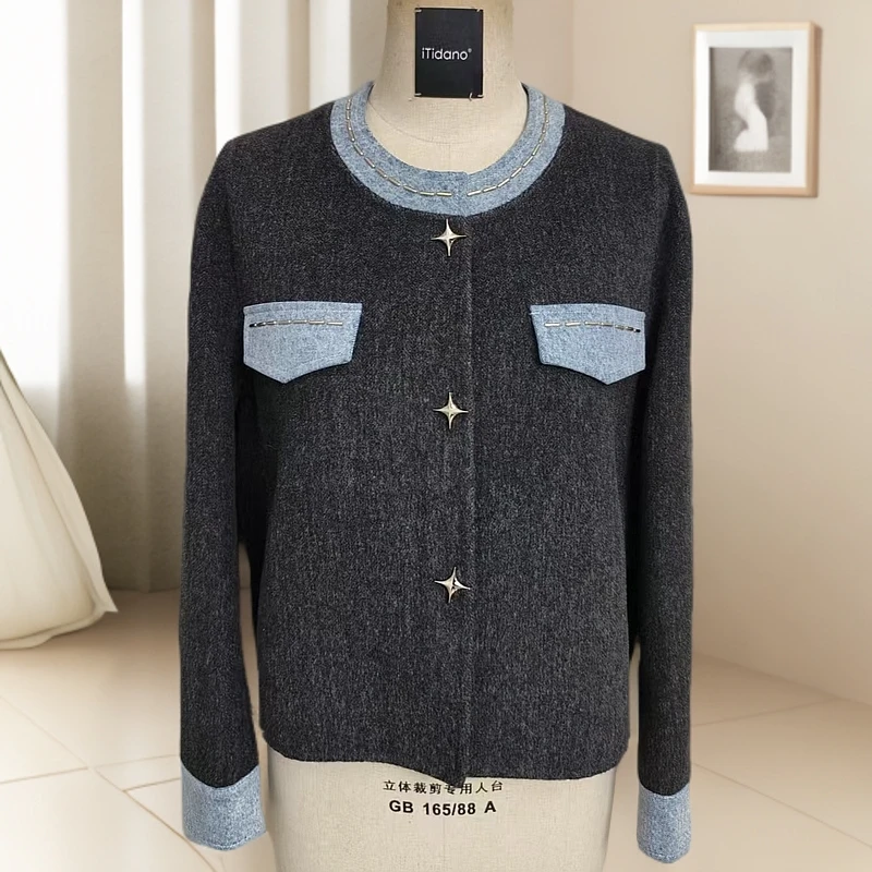 小香风黑色休闲衫短款V领拼接短外套秋冬常规款时尚圆领立体裁剪