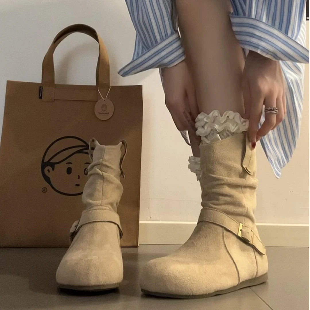 复古内增高平底勃肯短靴女2025秋季新款百搭配裙子圆头西部牛仔靴