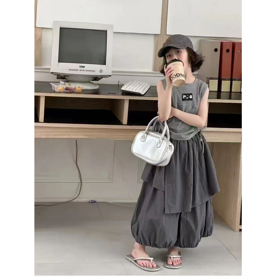 2025夏款新品女童韩版抽绳背心百搭设计感半身裙童装套装25157