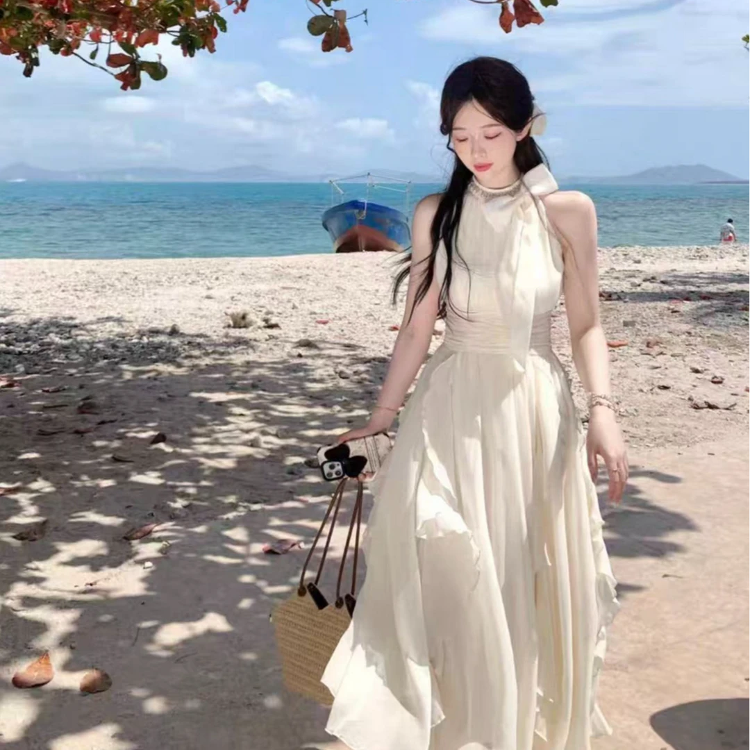 【长岛香氛】小众高级感法式无袖挂脖连衣裙夏季收腰荷叶边仙女长裙