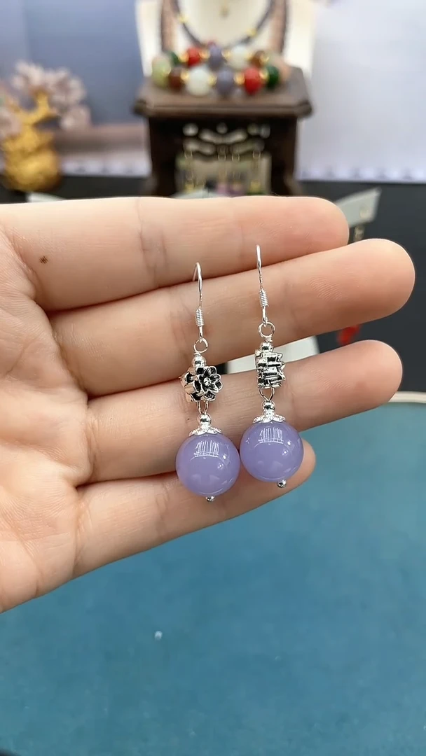 和田玉银S925镶嵌耳饰12mm紫珠小花