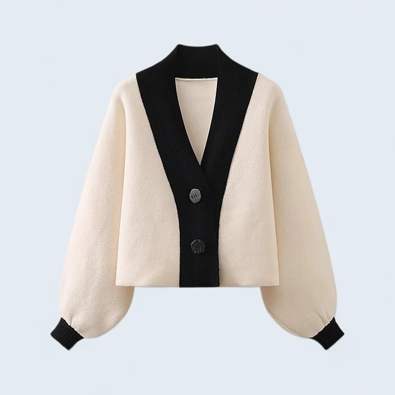 2025春季新款拼色V领针织开衫女百搭宽松休闲简约气质减龄短外套