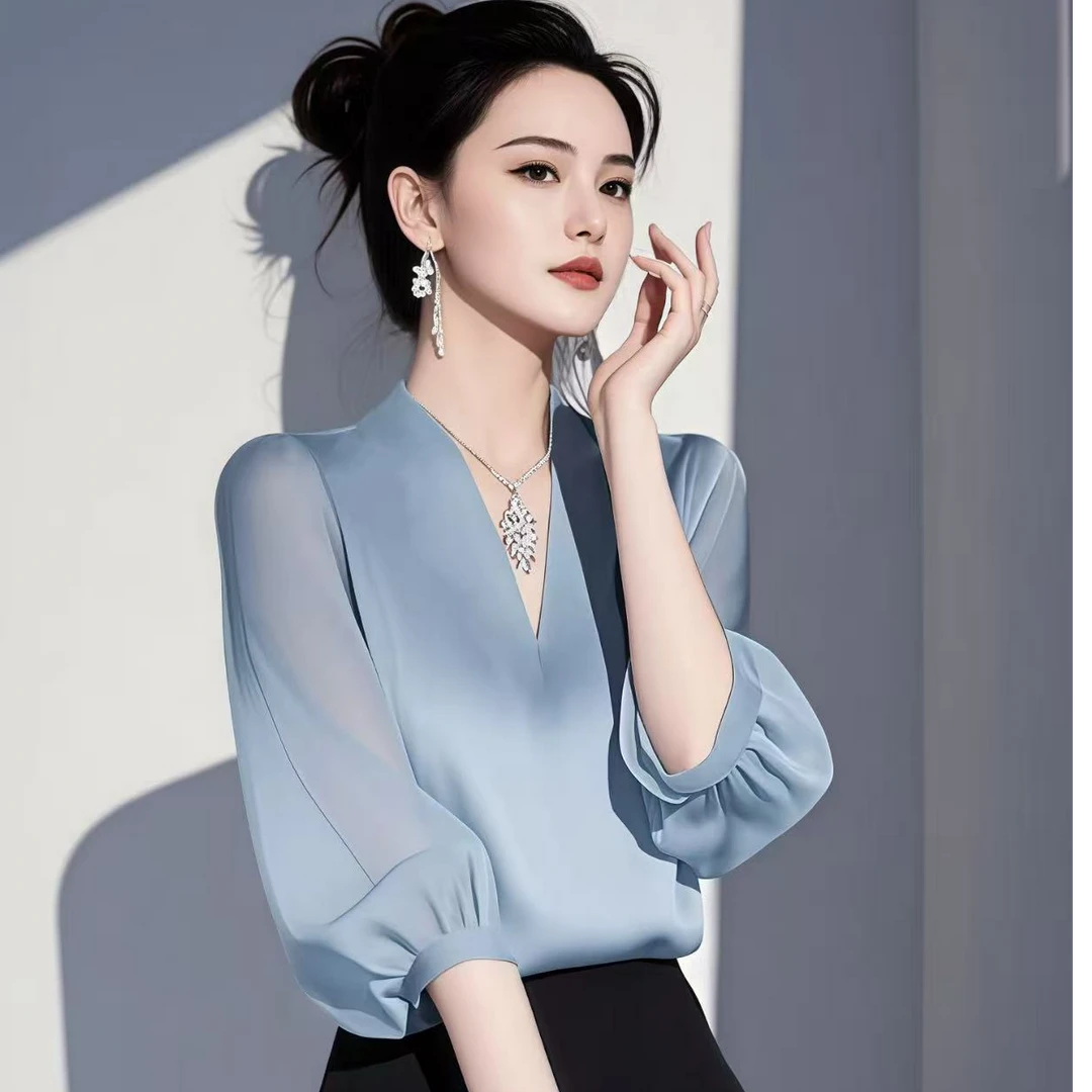 法式绝美洋气独特雪纺衫女中袖春夏新款褶皱时尚上衣漂亮减龄小衫