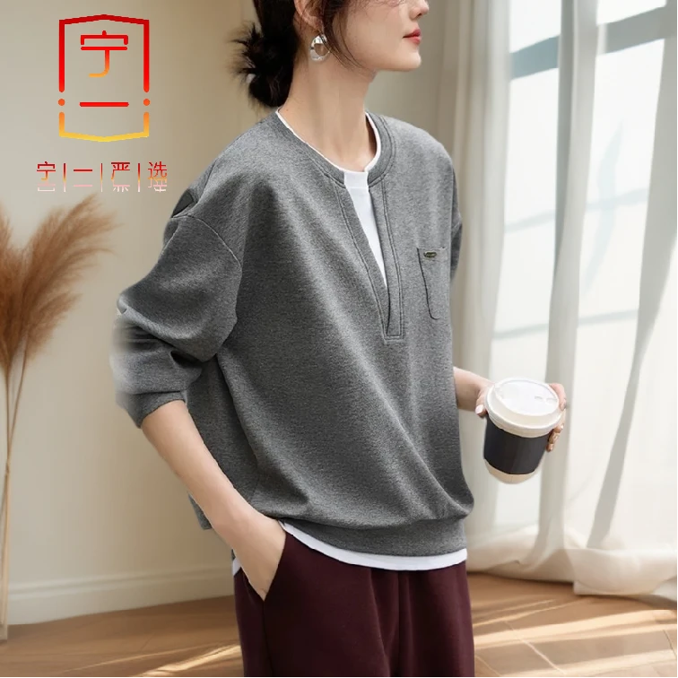 【宁一女装】简约轻休闲假两件撞色卫衣春新款圆领简约宽松拼接上衣