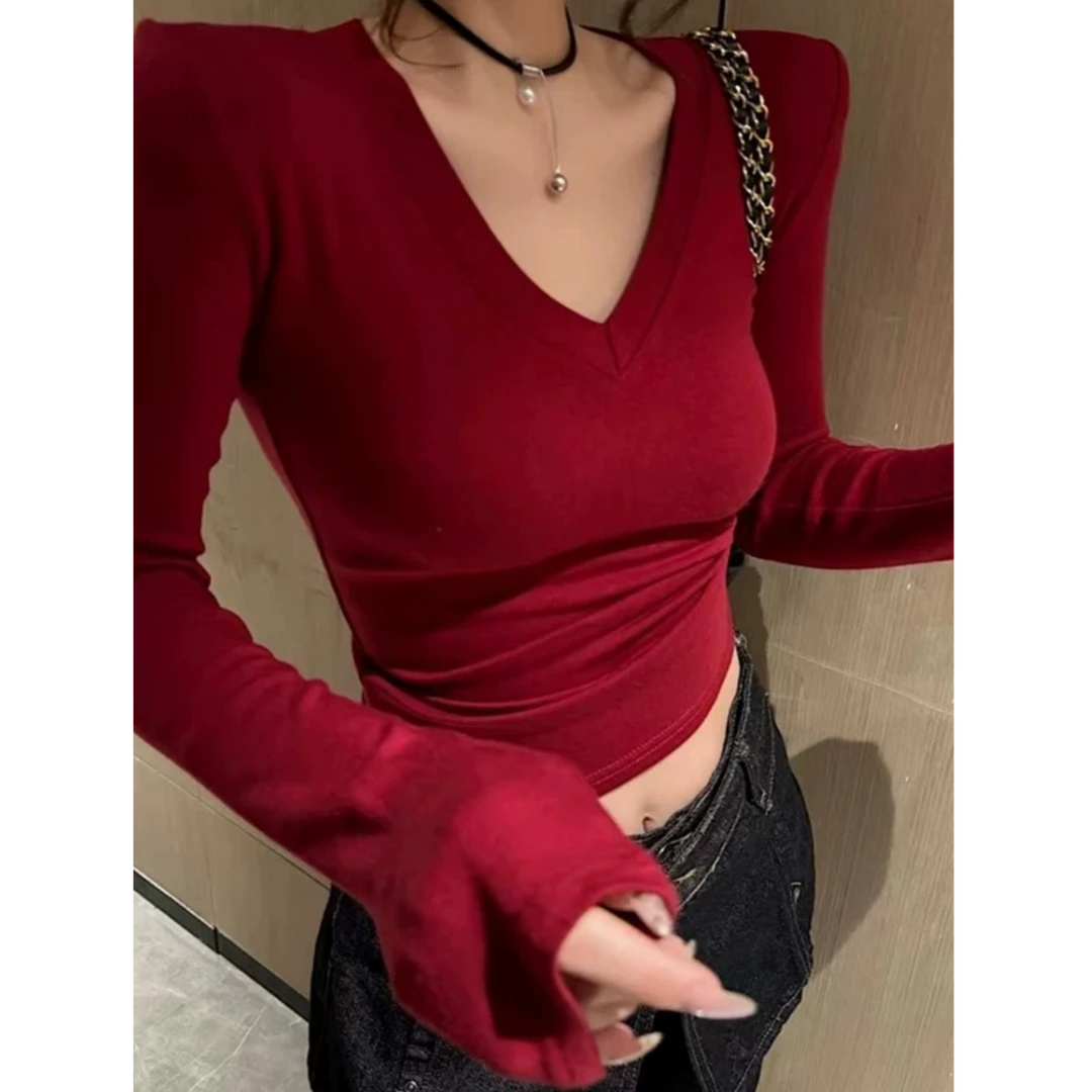 显瘦洋气V领早秋穿搭长袖T恤女2025秋季新款时尚设计感百搭上衣