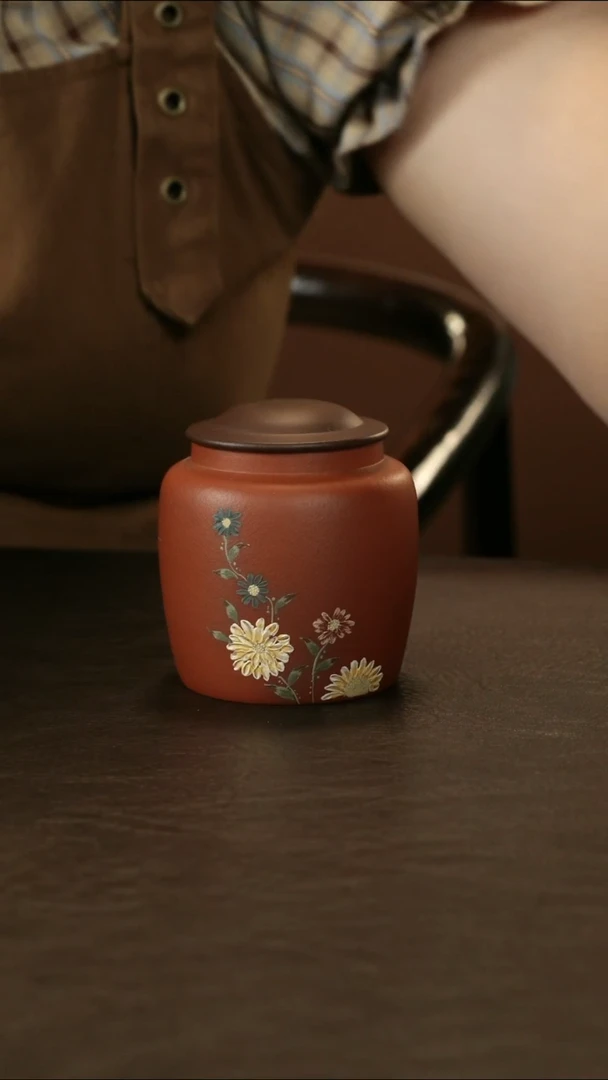 紫砂茶叶罐紫泥粉红皮龙 小雏菊 醒茶罐