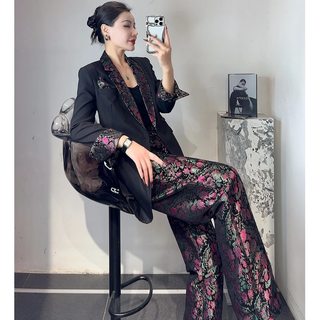 2025设计师新款西服套装老钱风高端小众拼色西装外套女轻奢洋气质