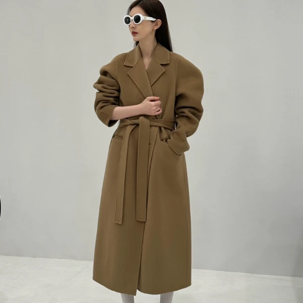 《羊腿袖》双面羊毛中长套女士时尚纯色长袖大衣