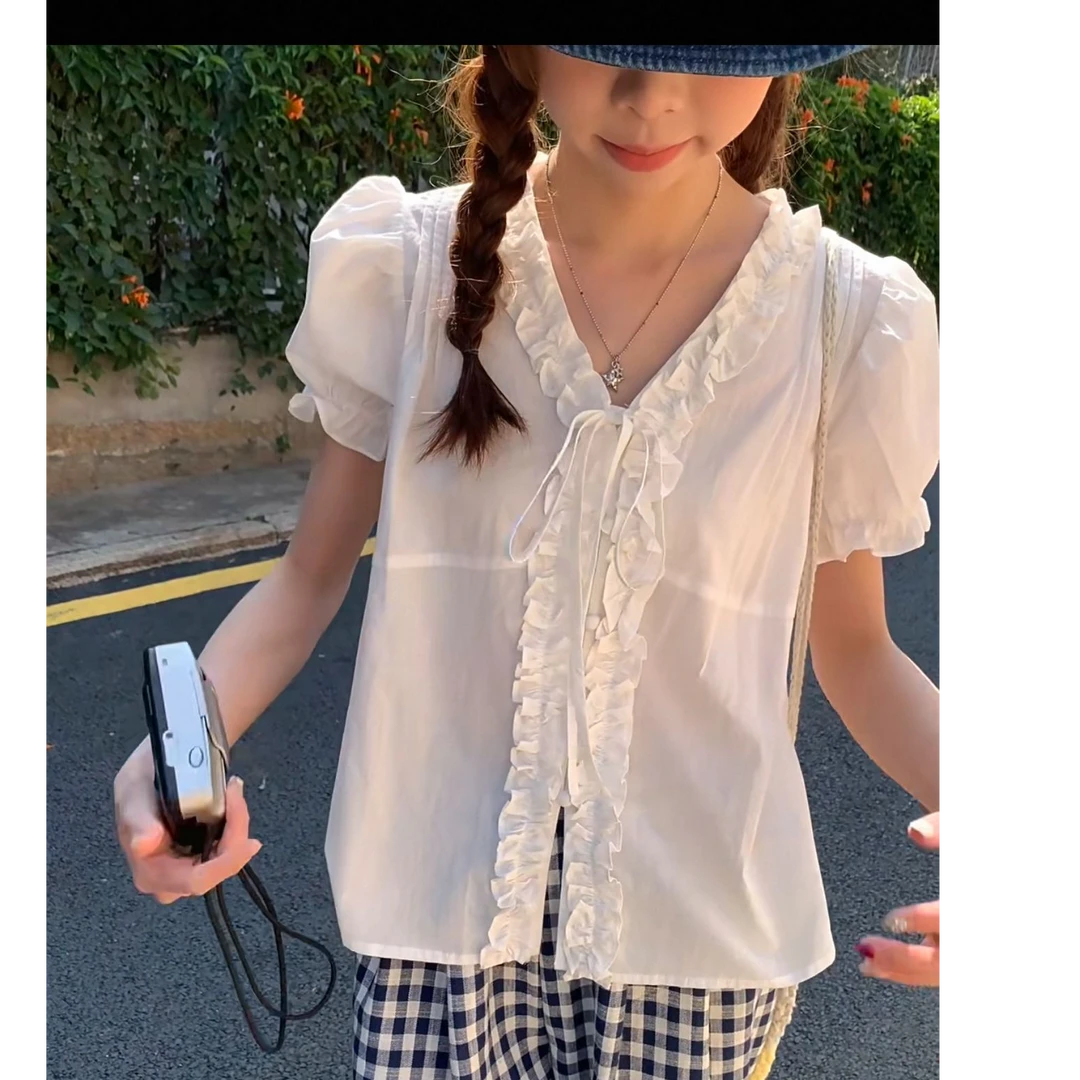 JINGJING【清新薄荷】大码夏季新款清新系带木耳短袖衬衫设计感上衣